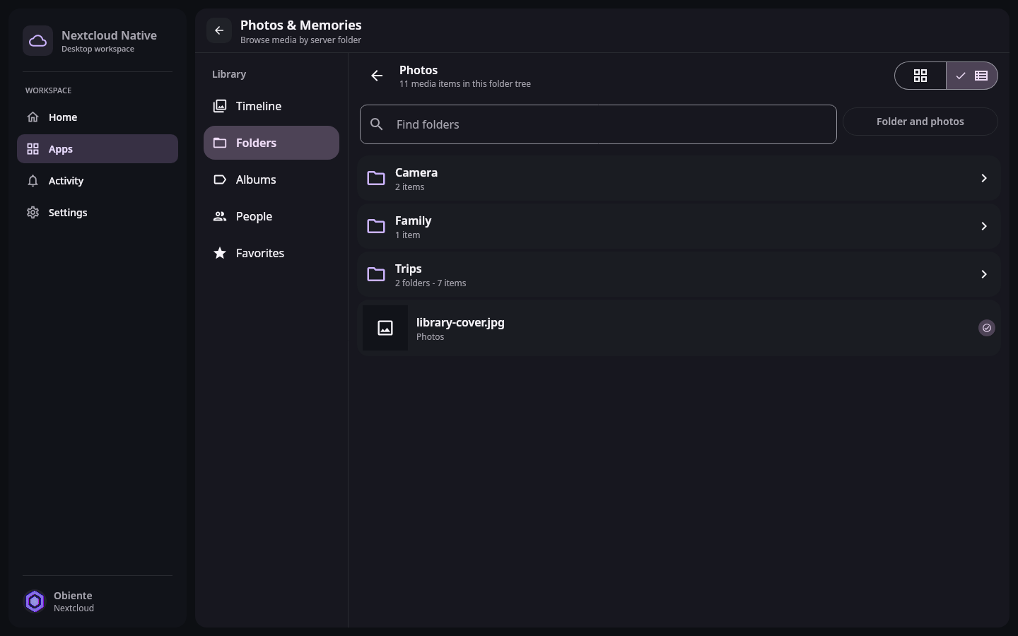Photos Folder browser: Photo library in list view
