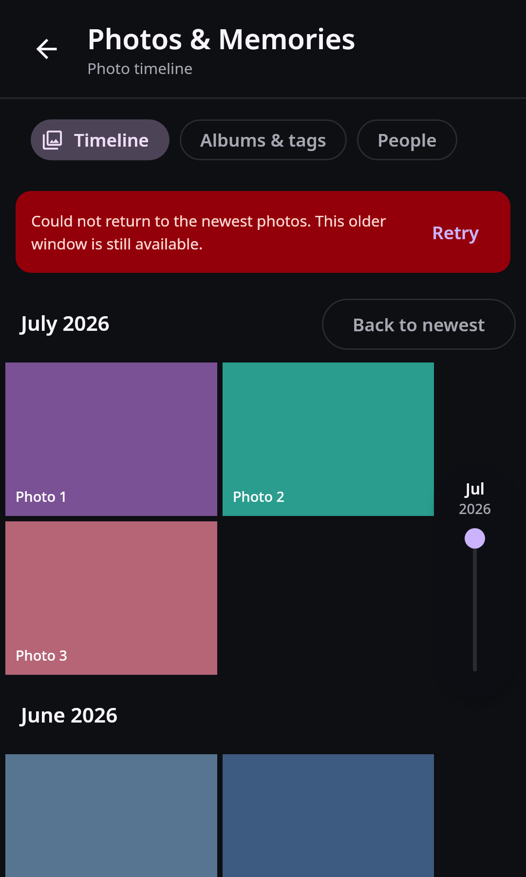Photos Photo timeline: Older window with failed return to newest